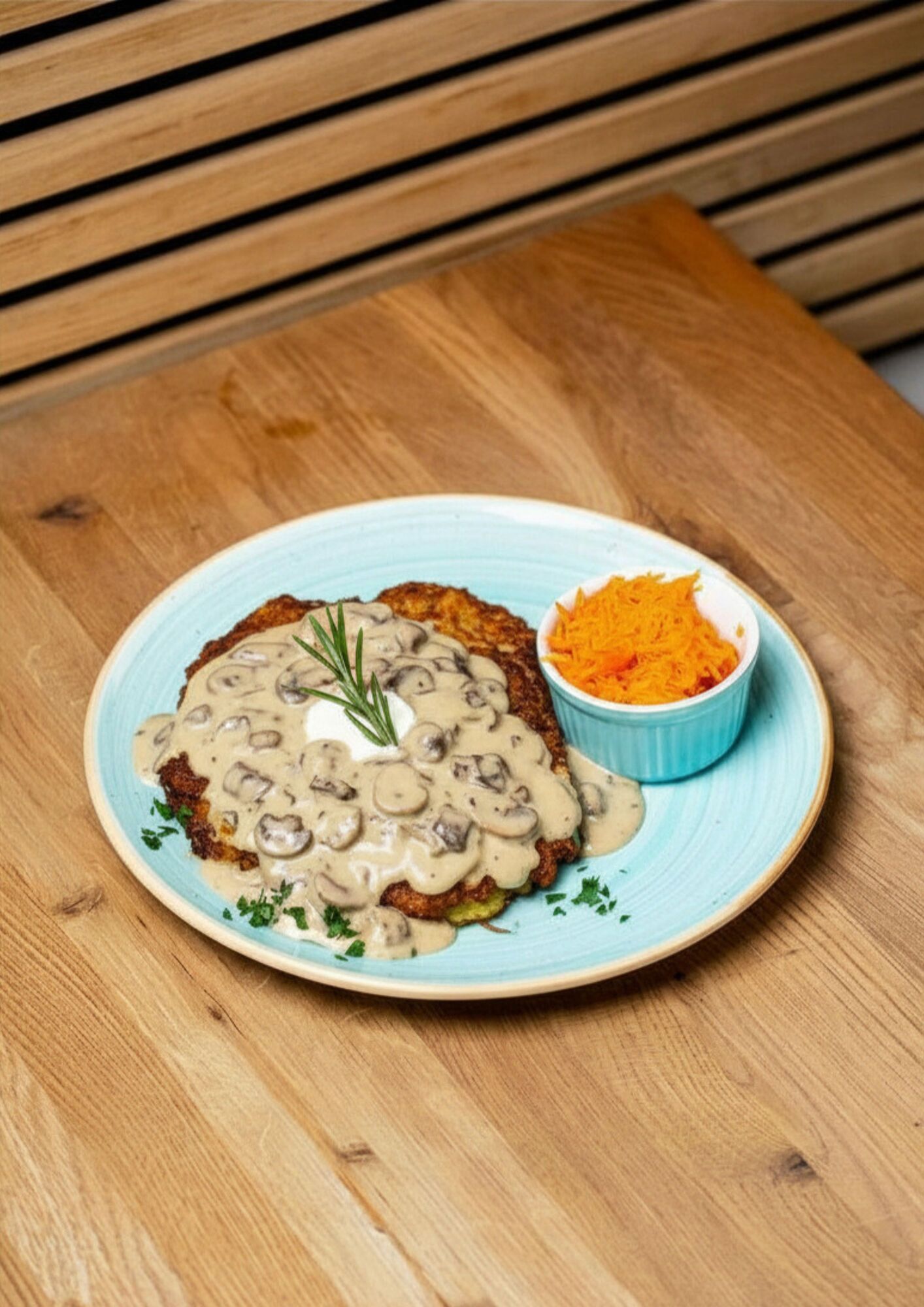 Potato pancakes with forest mushroom sauce